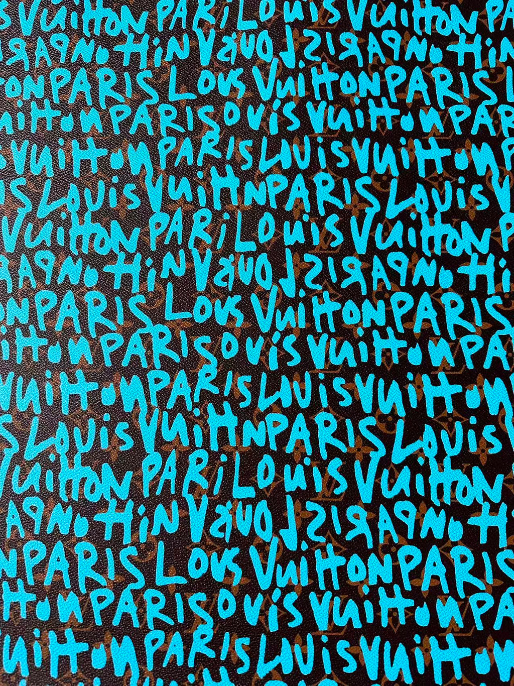 Fashion LV Graffiti Letter Design Vinyl Leather for Handmade Shoes ,Handmade Bags Leather By Yard (Sky Blue)