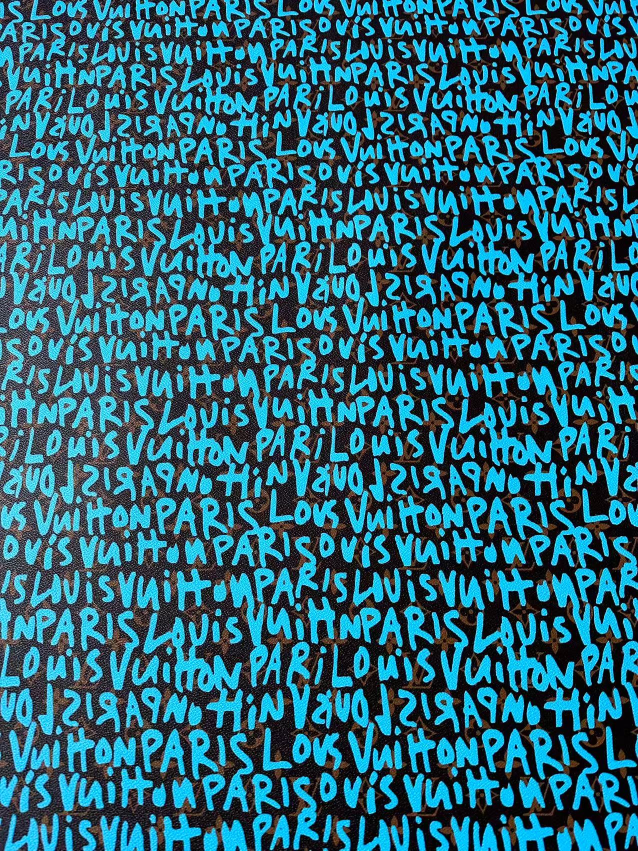 Fashion LV Graffiti Letter Design Vinyl Leather for Handmade Shoes ,Handmade Bags Leather By Yard (Sky Blue)