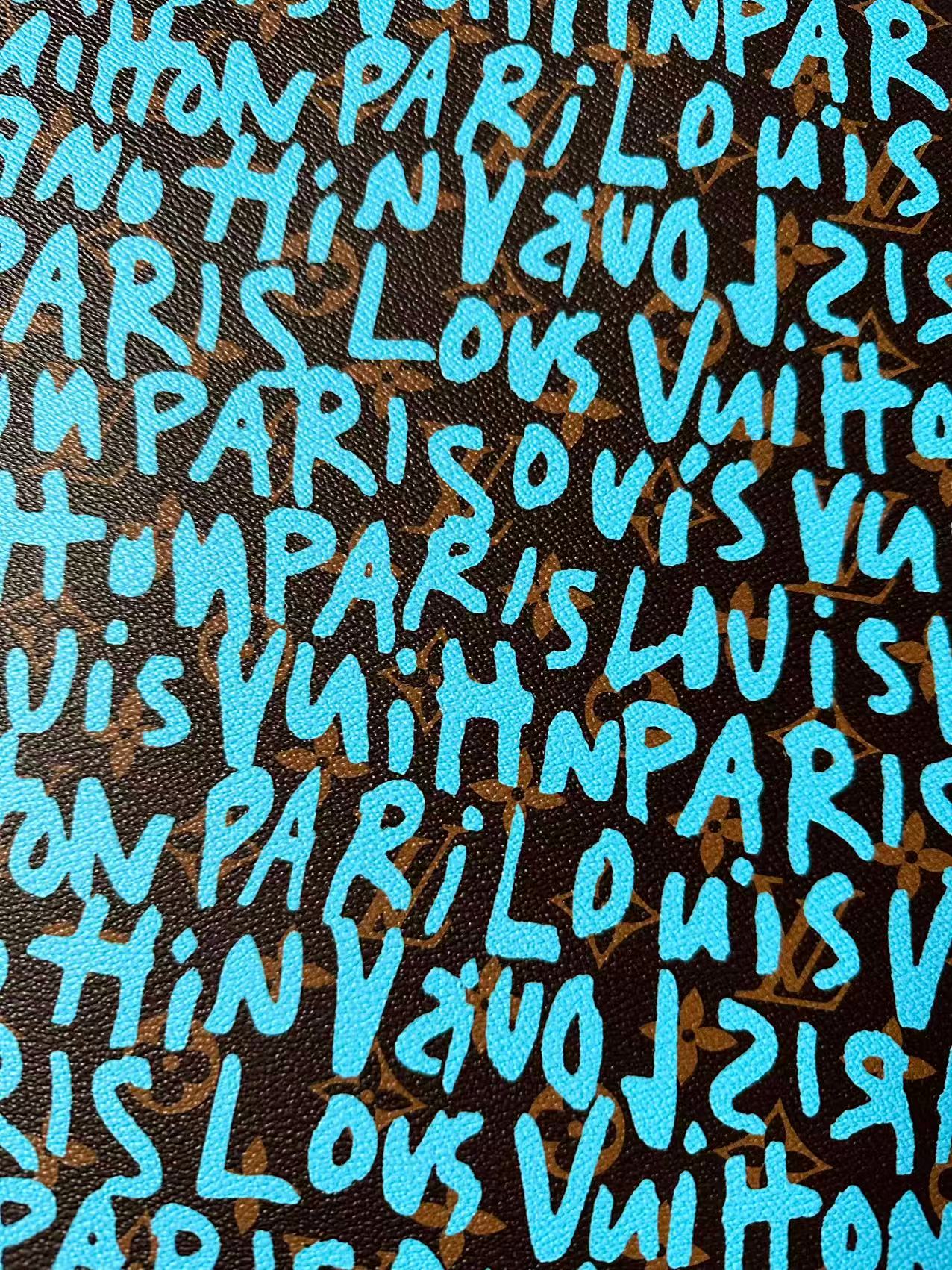 Fashion LV Graffiti Letter Design Vinyl Leather for Handmade Shoes ,Handmade Bags Leather By Yard (Sky Blue)