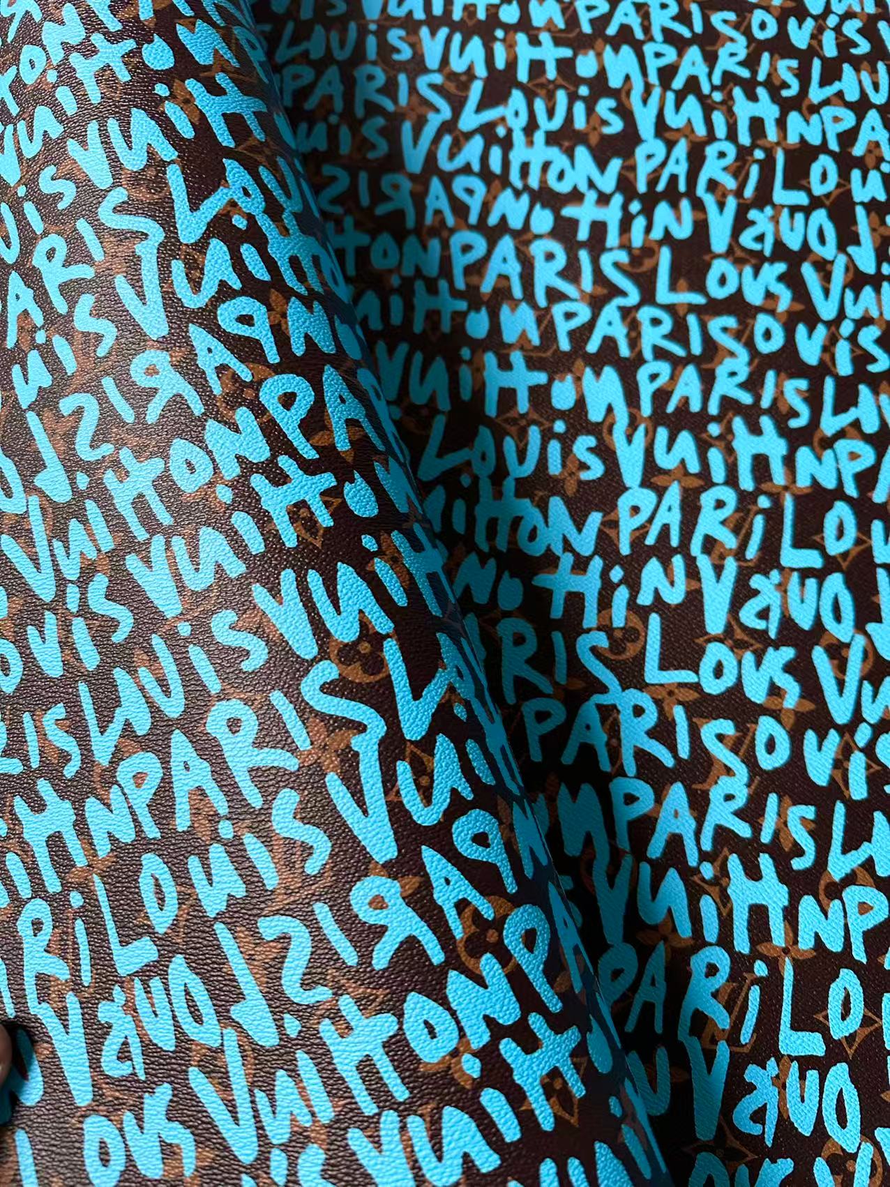Fashion LV Graffiti Letter Design Vinyl Leather for Handmade Shoes ,Handmade Bags Leather By Yard (Sky Blue)