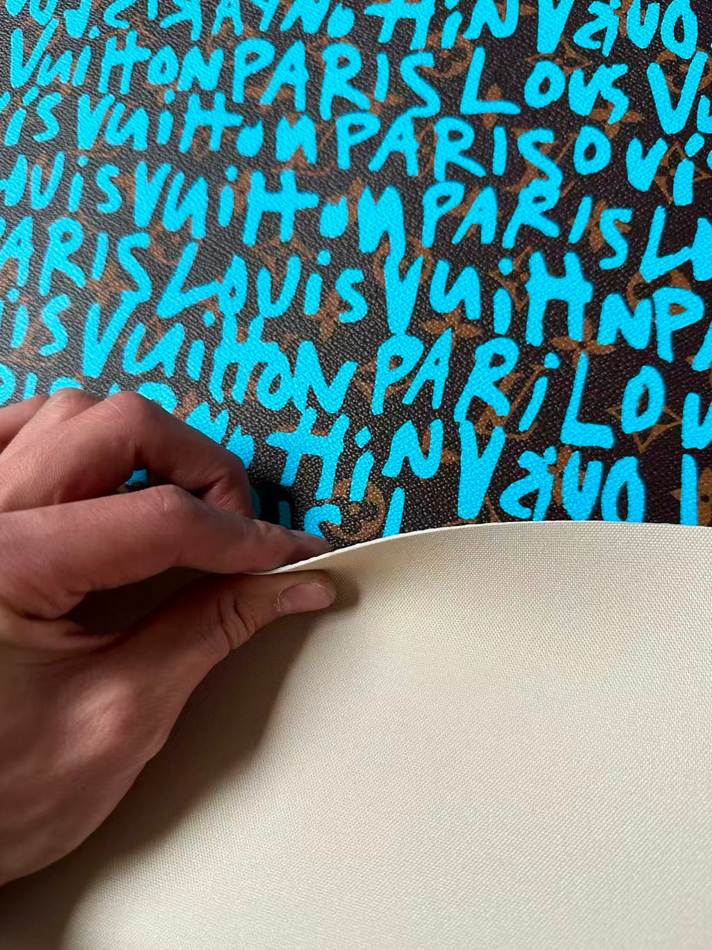 Fashion LV Graffiti Letter Design Vinyl Leather for Handmade Shoes ,Handmade Bags Leather By Yard (Sky Blue)