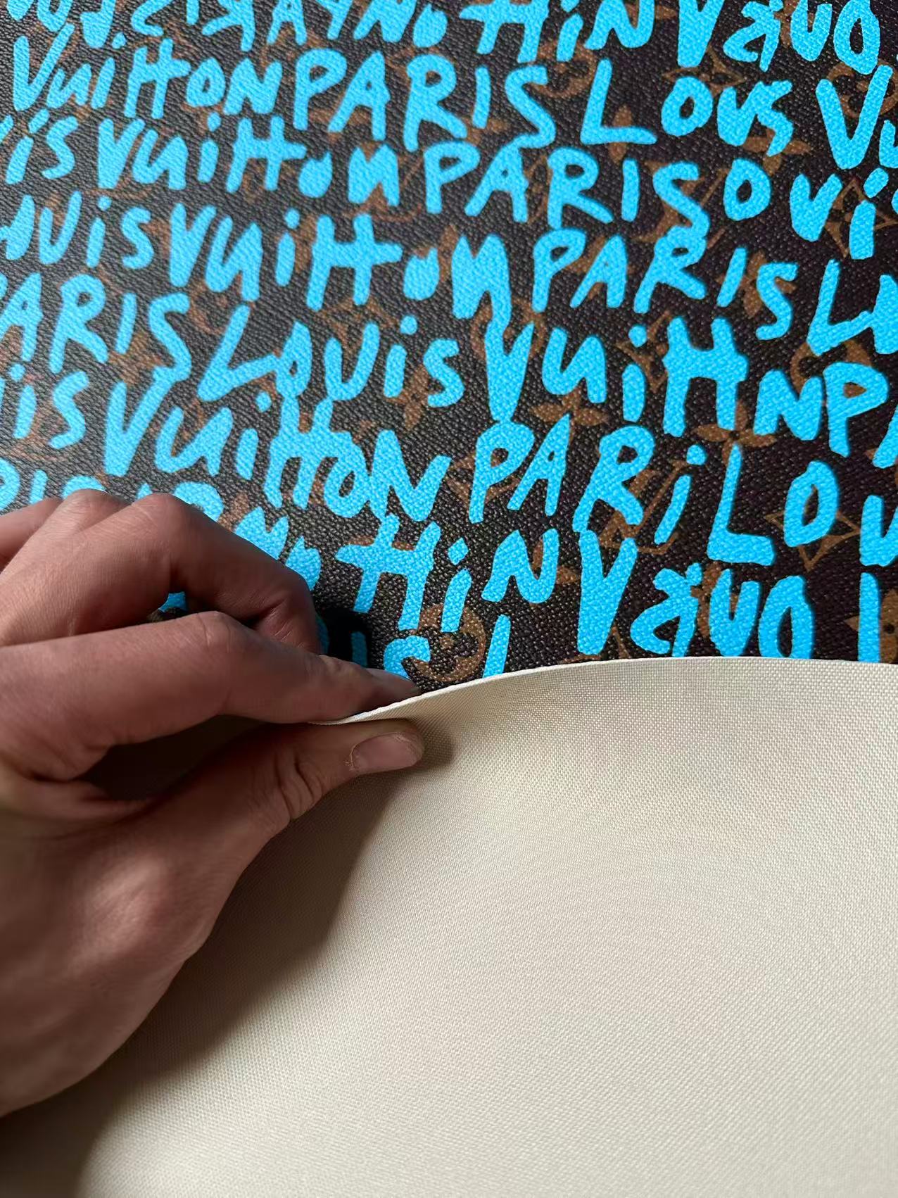 Fashion LV Graffiti Letter Design Vinyl Leather for Handmade Shoes ,Handmade Bags Leather By Yard (Sky Blue)
