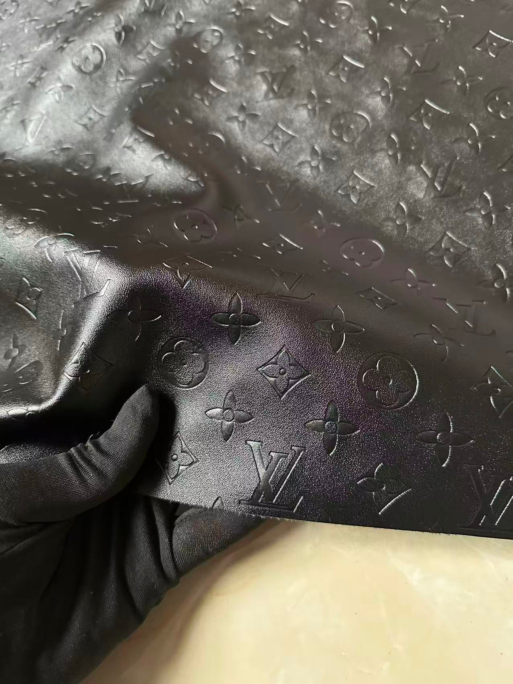 Craft Black LV Sheep Texture Embossed Leather Fabric For Handmade Shoes,Bag,Upholstery Goods By Yard