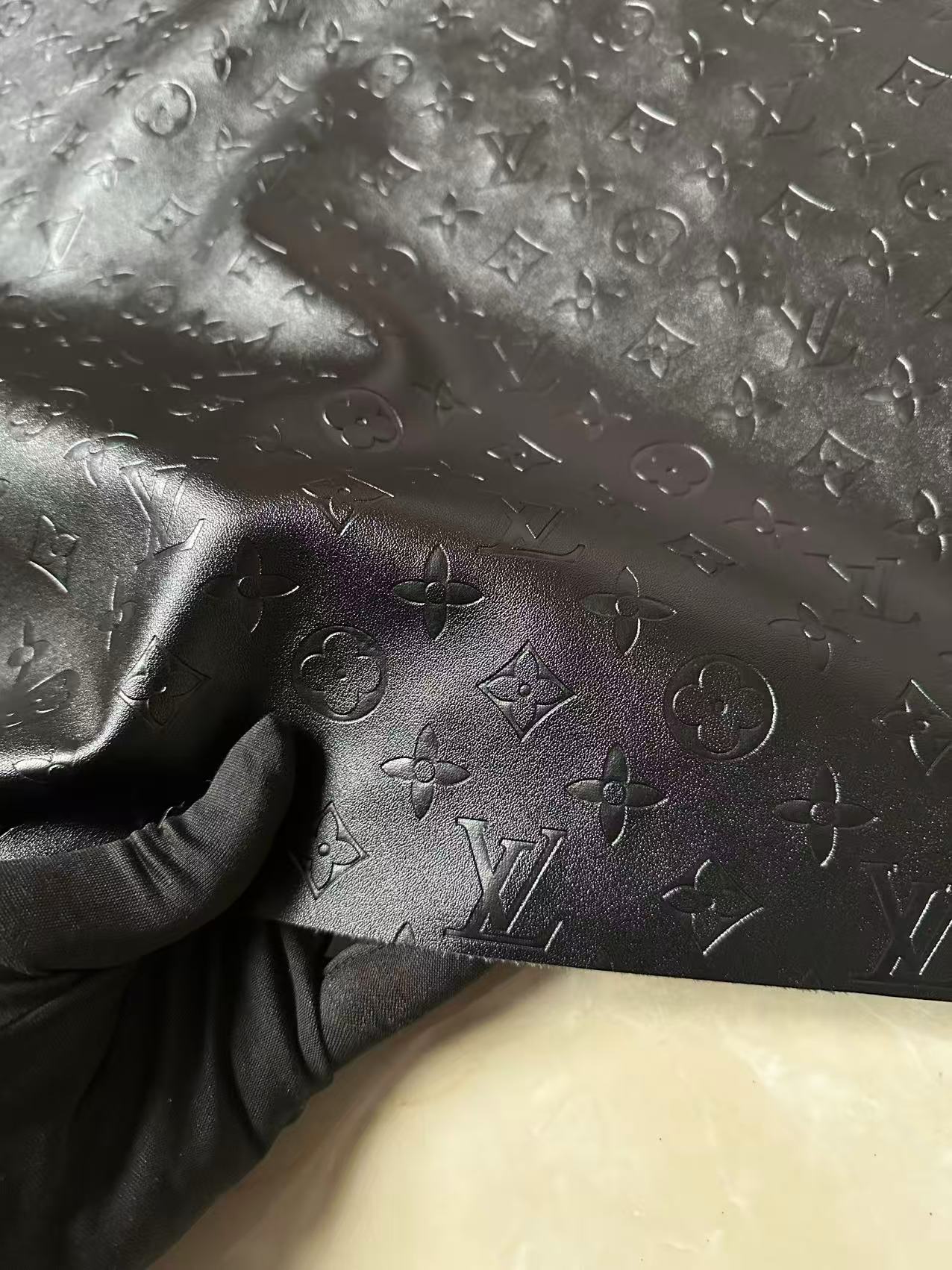 Craft Black LV Sheep Texture Embossed Leather Fabric For Handmade Shoes,Bag,Upholstery Goods By Yard