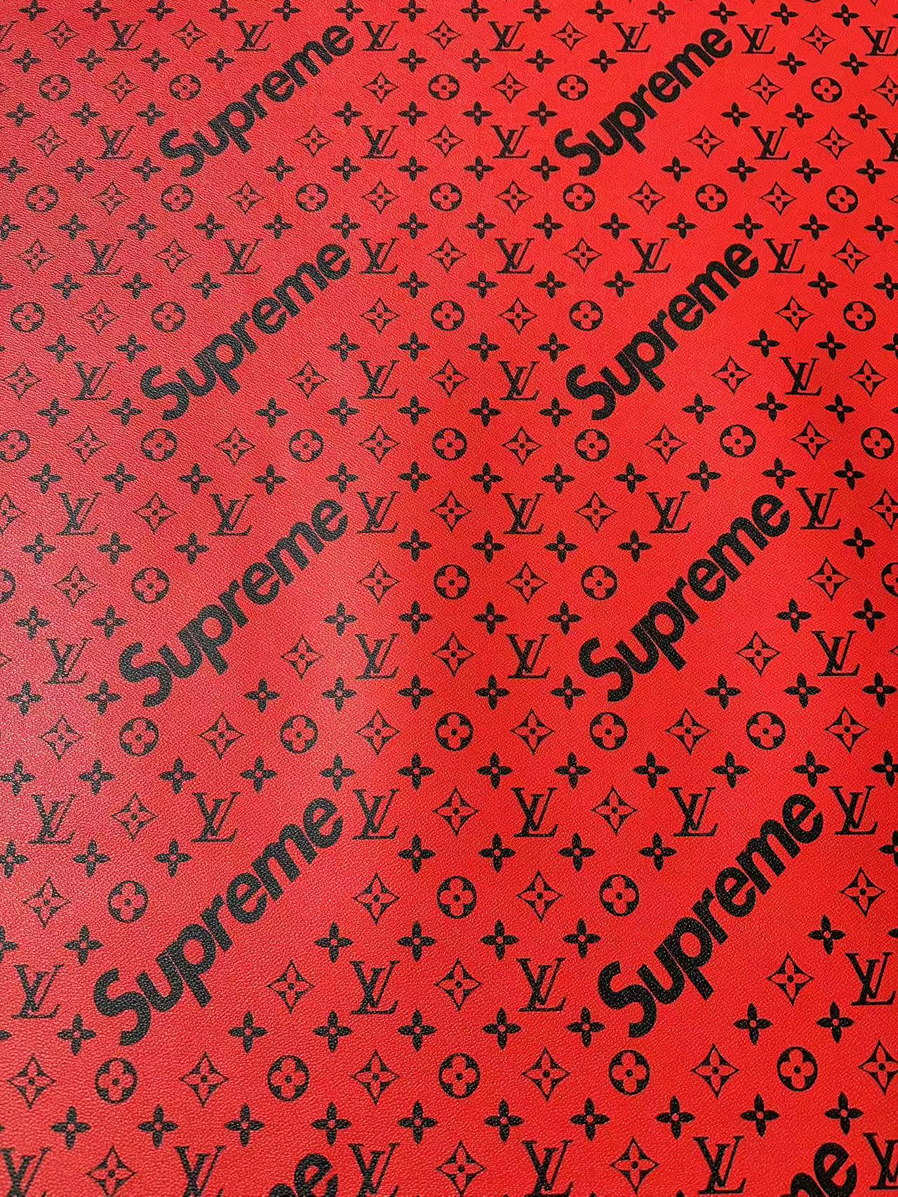 Fashion LV Red With Black Supreme Leather Case Fabric For Handmade Bag, Shoes Goods By Yards