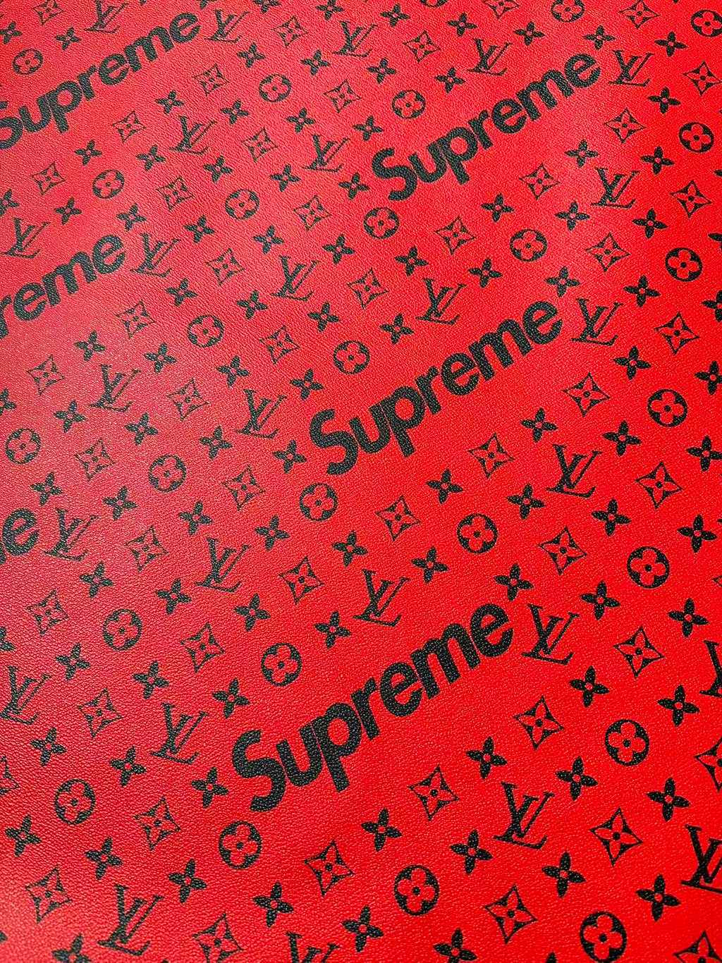 Fashion LV Red With Black Supreme Leather Case Fabric For Handmade Bag, Shoes Goods By Yards