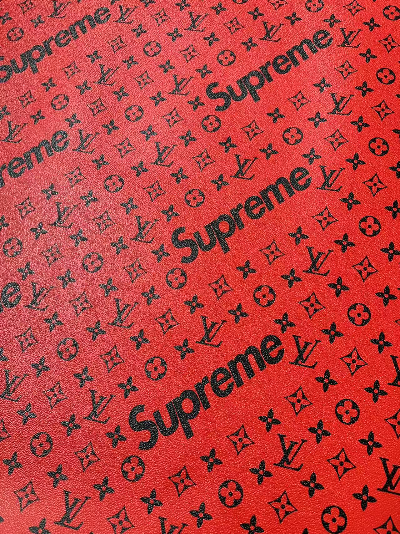 Fashion LV Red With Black Supreme Leather Case Fabric For Handmade Bag, Shoes Goods By Yards