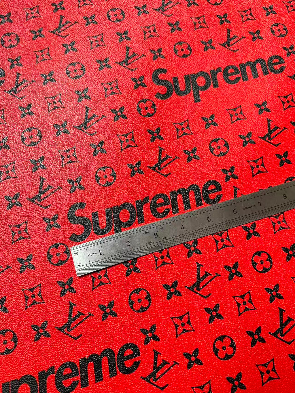 Fashion LV Red With Black Supreme Leather Case Fabric For Handmade Bag, Shoes Goods By Yards