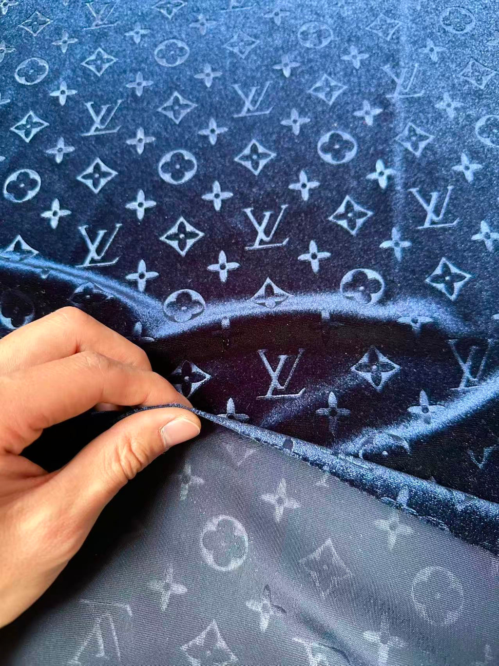 Popular Luxury LV Knitting Velvet Fabric For Handmade Sneaker,Car Upholstery and Apparel By Yard(Navy Blue)