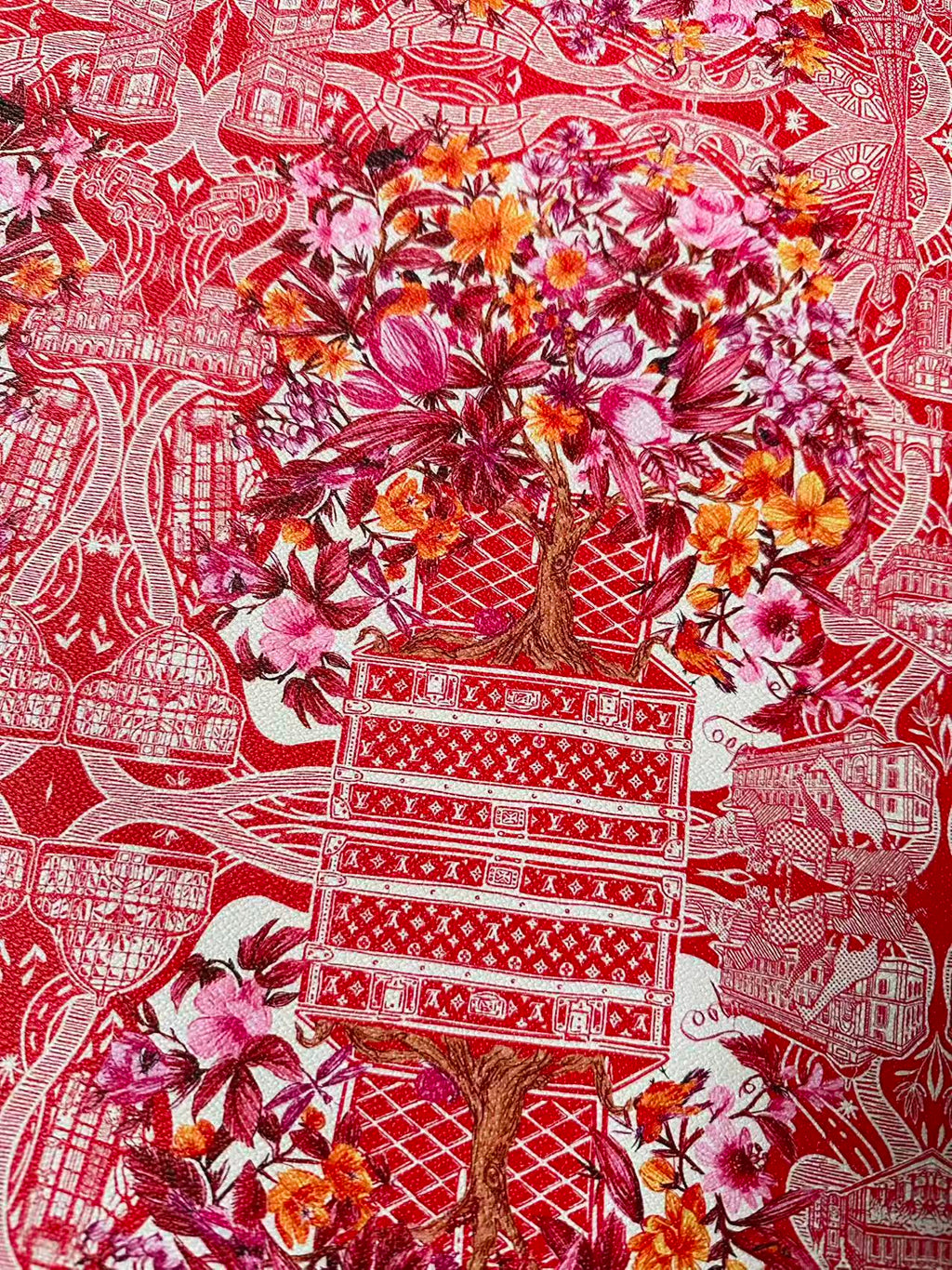 Fashion LV With Red Tree Leather Fabric For Handmade Sneaker, Bag,DIY Gift Goods By Yard