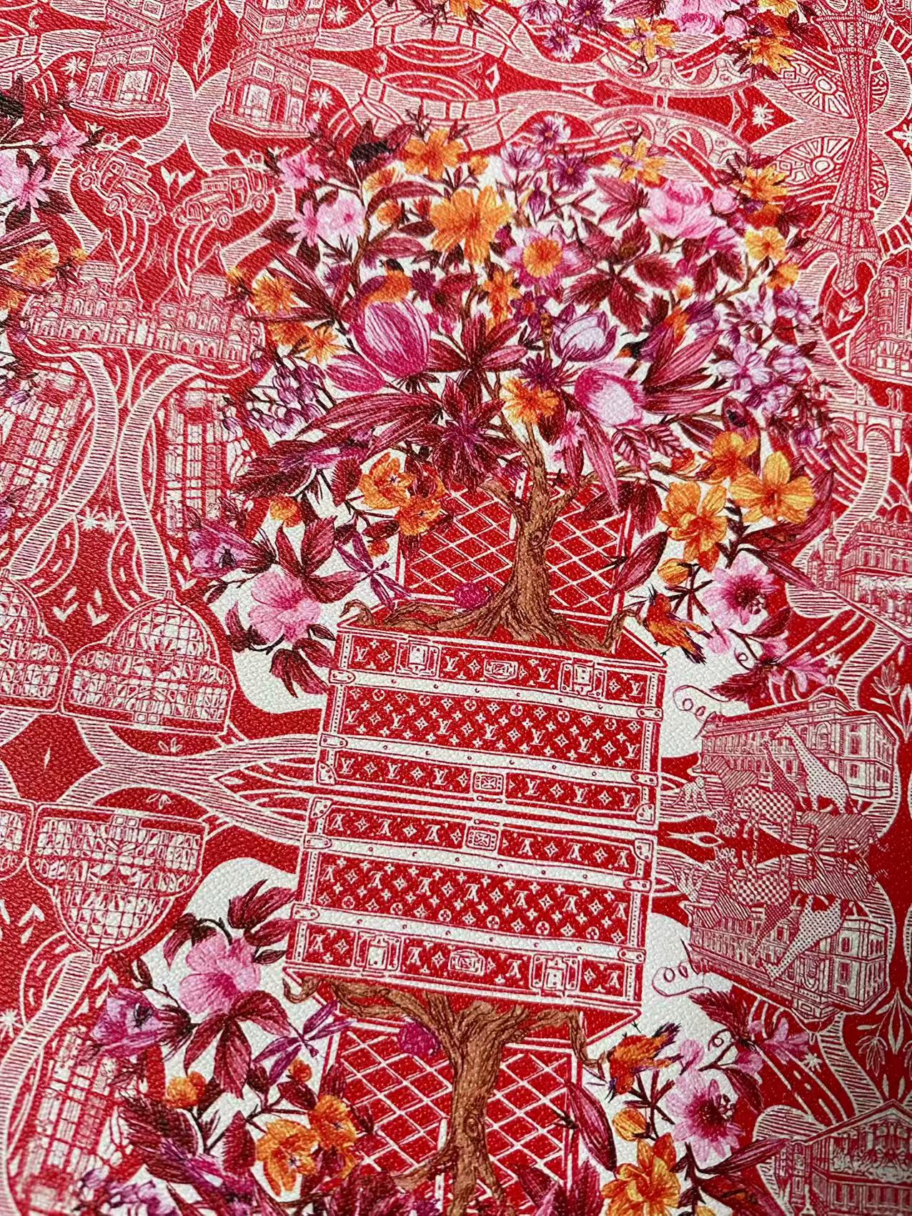 Fashion LV With Red Tree Leather Fabric For Handmade Sneaker, Bag,DIY Gift Goods By Yard