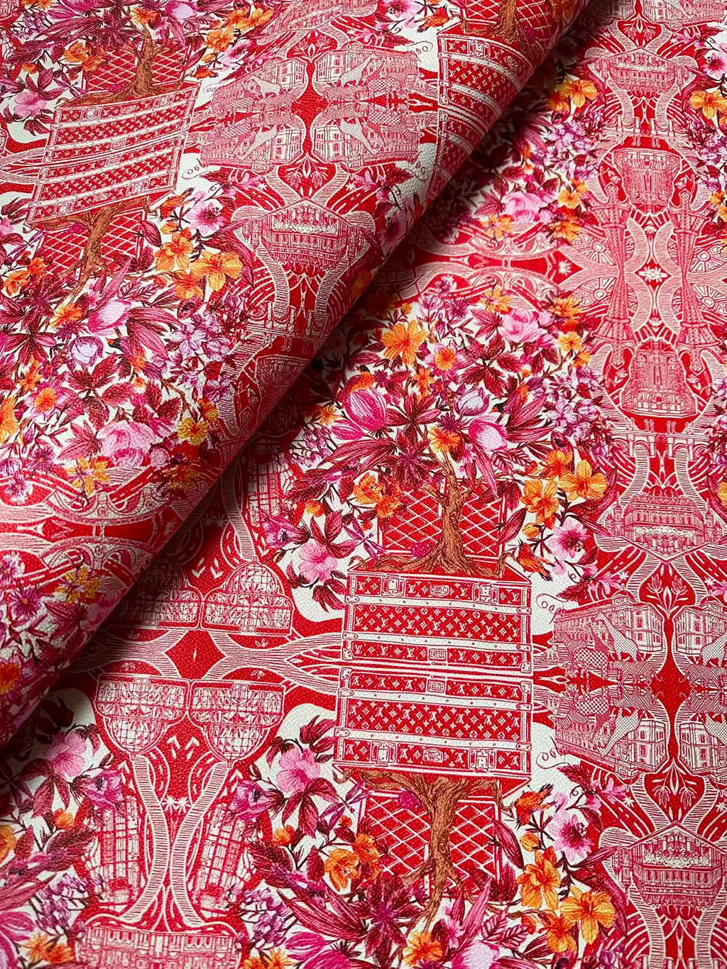 Fashion LV With Red Tree Leather Fabric For Handmade Sneaker, Bag,DIY Gift Goods By Yard