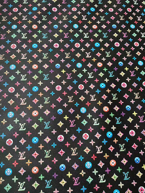 Black Colorful DIY Graffiti LV Leather Fabric For Sneaker, Shoes Upholstery Goods By Yard