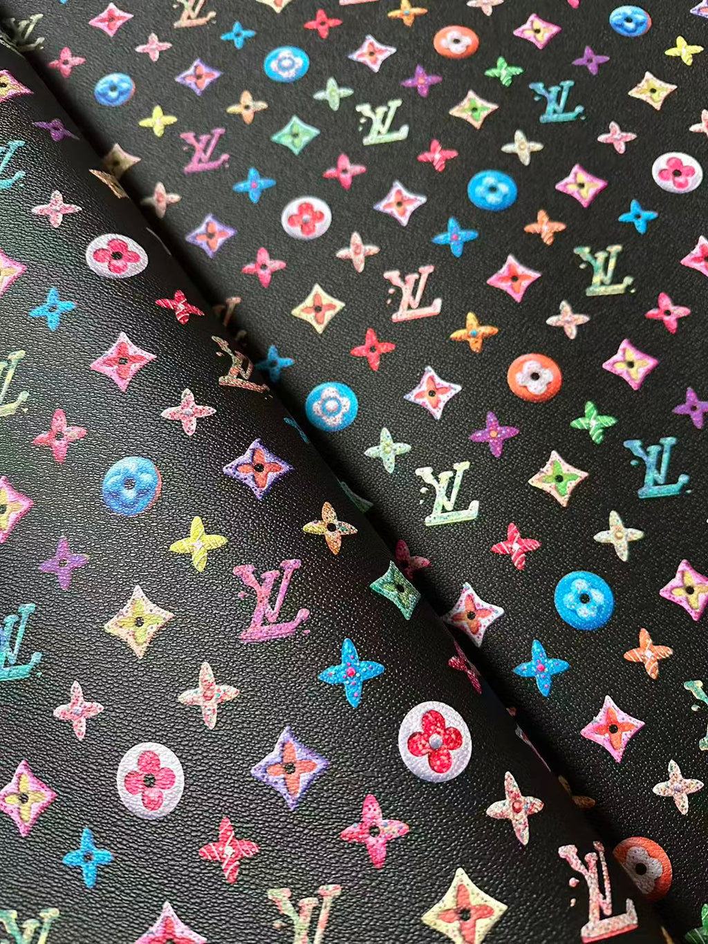 Black Colorful DIY Graffiti LV Leather Fabric For Sneaker, Shoes Upholstery Goods By Yard