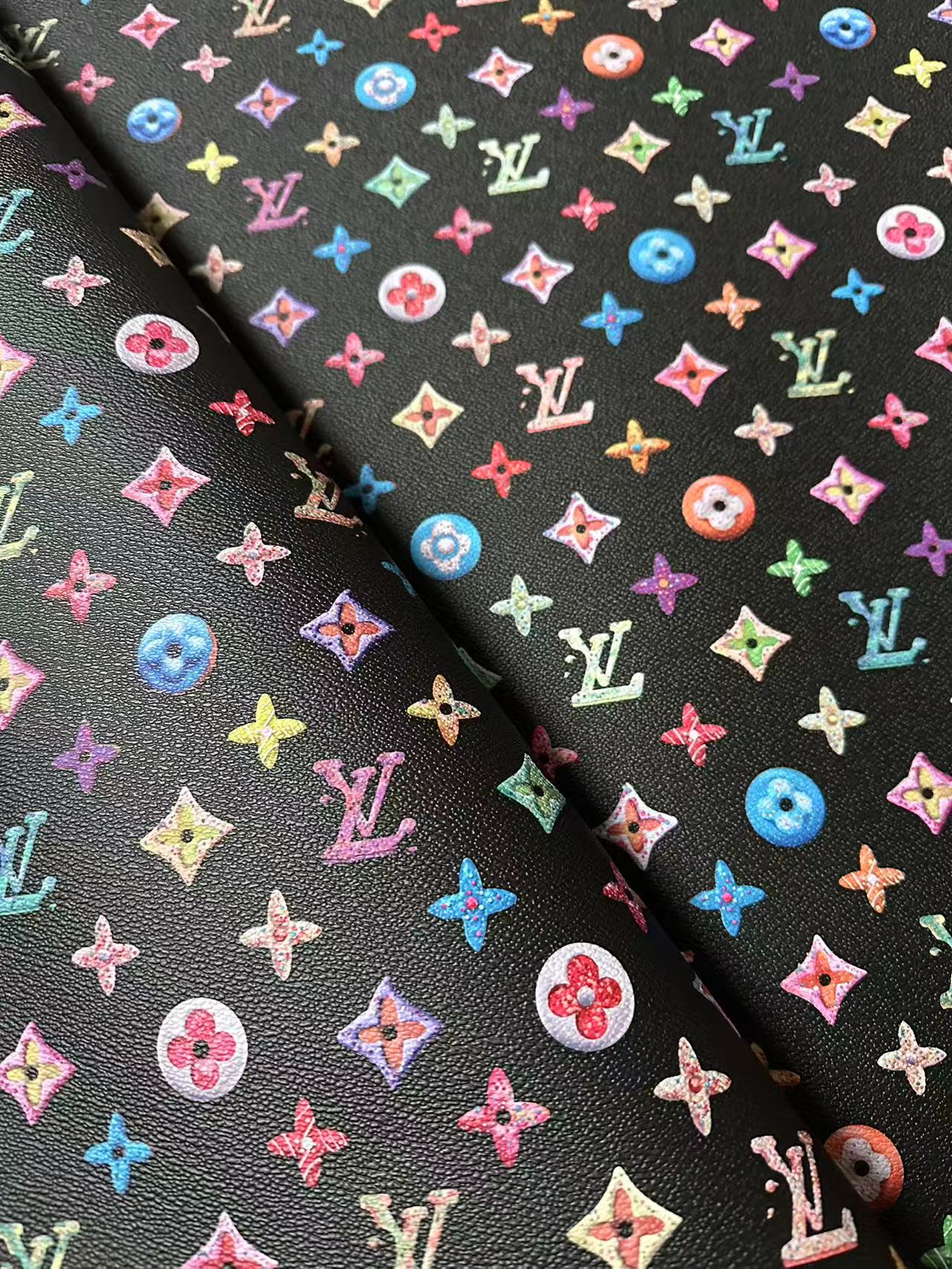 Black Colorful DIY Graffiti LV Leather Fabric For Sneaker, Shoes Upholstery Goods By Yard