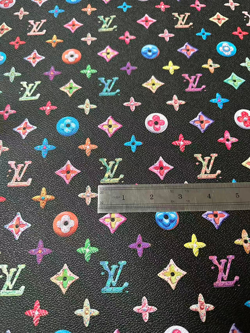 Black Colorful DIY Graffiti LV Leather Fabric For Sneaker, Shoes Upholstery Goods By Yard
