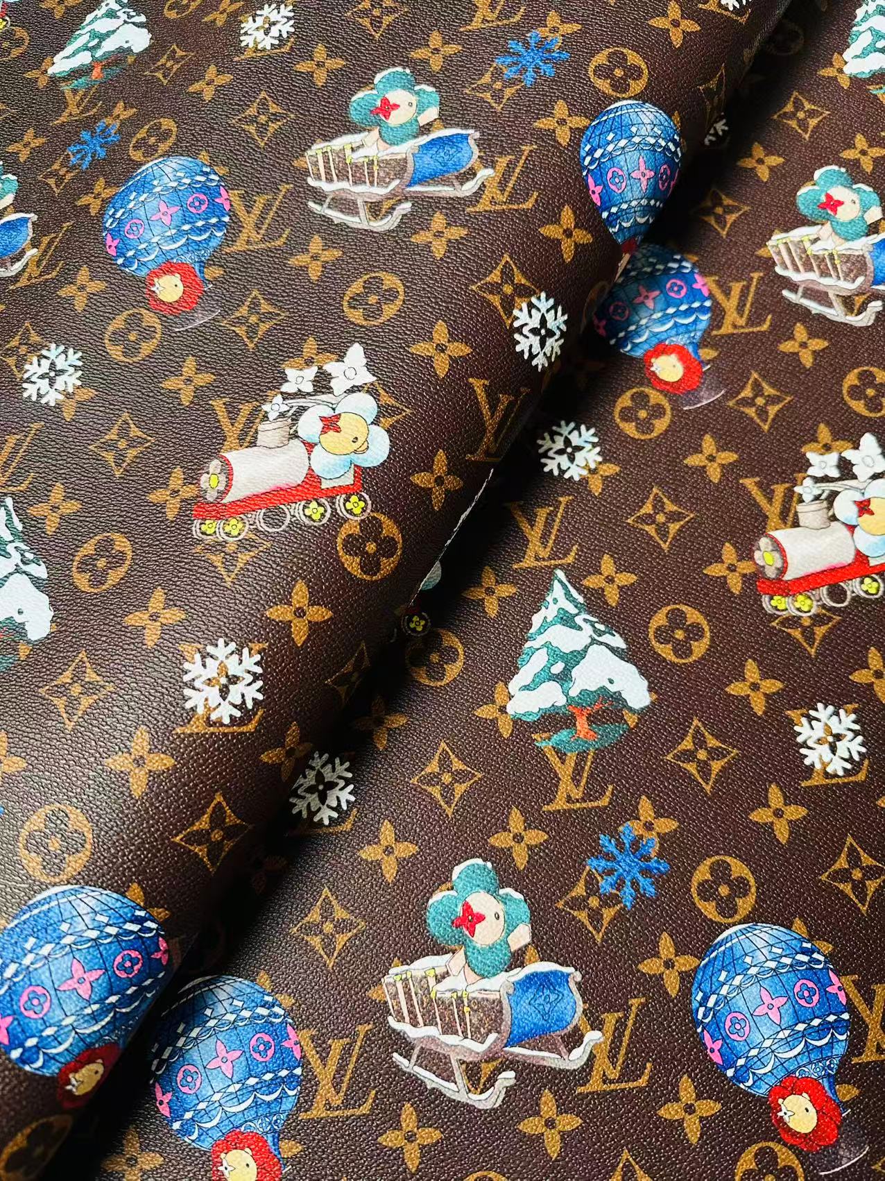 Fashion LV With Merry Christmas Snow Leather Fabric For Handmade Shoes,Car Upholstery Goods By Yard