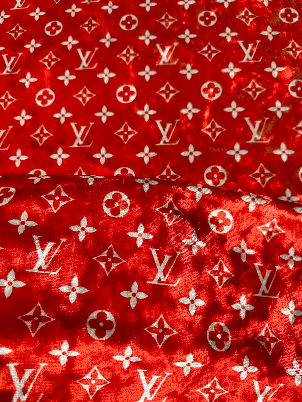 Craft Luxury Red With White LV Knitting Velvet Fabric For Handmade Sneaker,Car Upholstery,Clothing