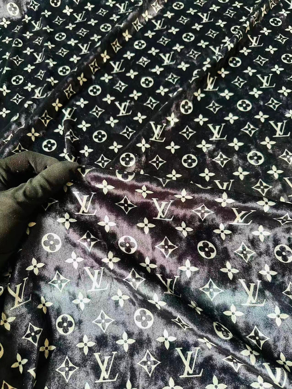 Craft Luxury Black With White LV Knitting Velvet Fabric For Handmade Sneaker,Car Upholstery and Clothing By Yard