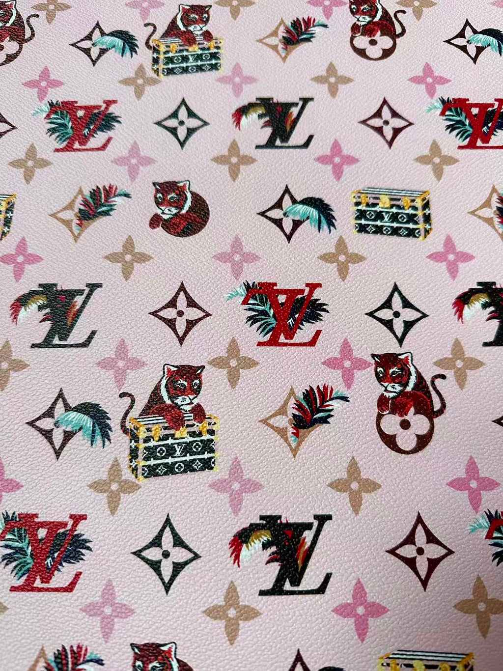 Craft Pink Tiger LV Leather Fabric For Handmade Shoes, Bag ,Upholstery Goods By Yard