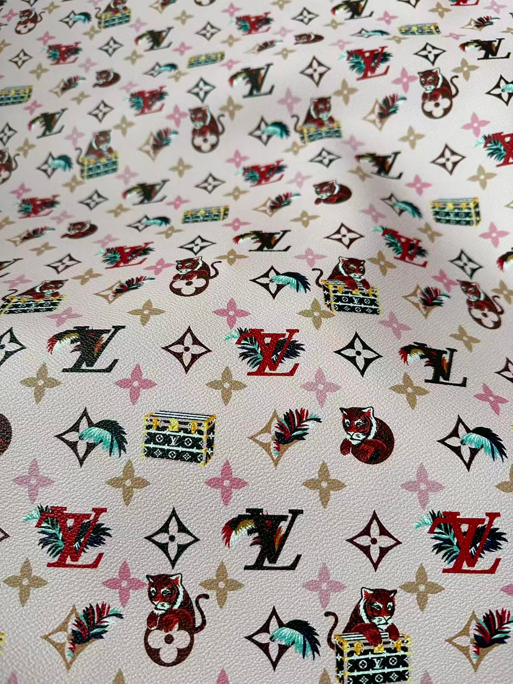 Craft Pink Tiger LV Leather Fabric For Handmade Shoes, Bag ,Upholstery Goods By Yard