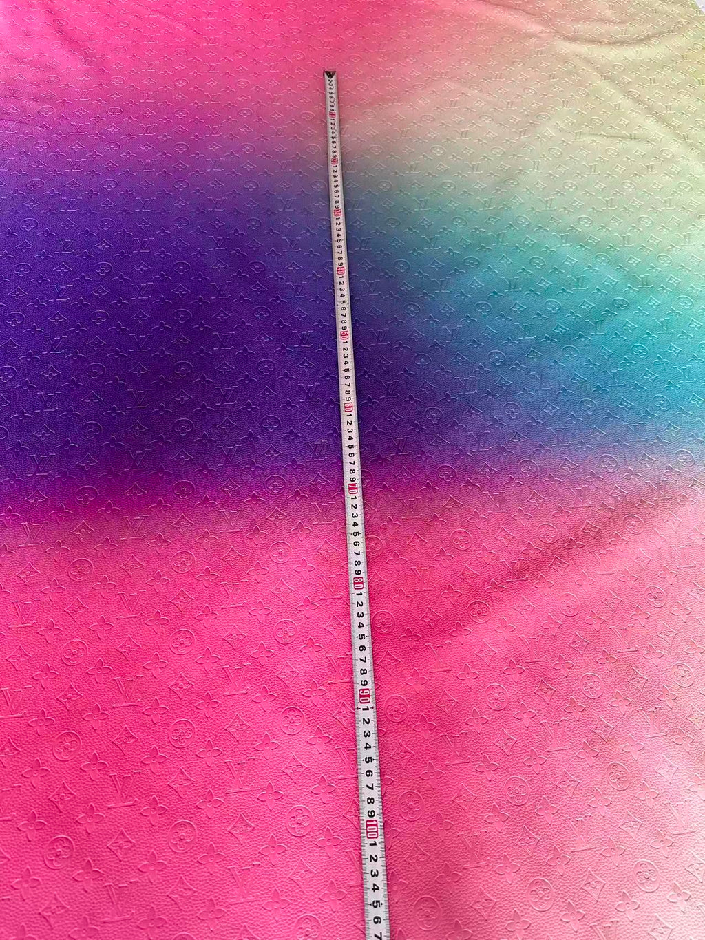 Fashion Gradient Colorful Rainbow LV Embossed Leather Fabric For Handmade Box,Upholstery Goods