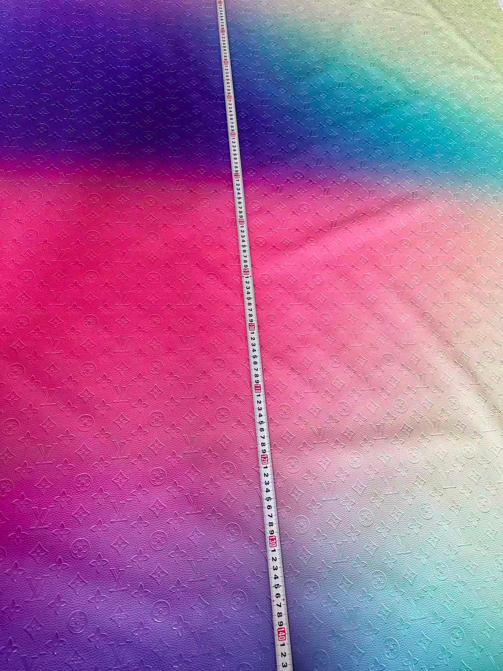 Fashion Gradient Colorful Rainbow LV Embossed Leather Fabric For Handmade Box,Upholstery Goods