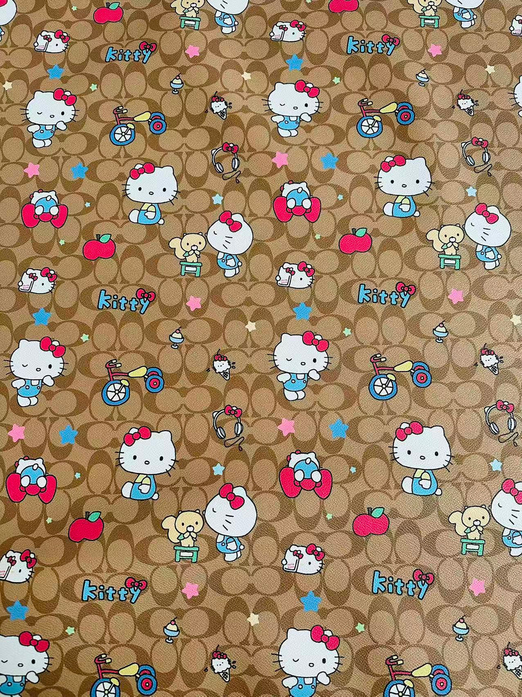 Fashion Hello Kitty With Coach Bicycle Design Leather Fabric For Handmade Handicraft By Yards