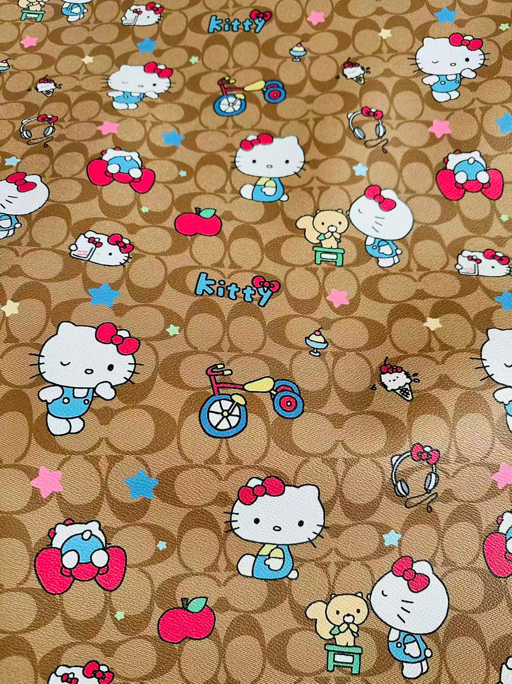 Fashion Hello Kitty With Coach Bicycle Design Leather Fabric For Handmade Handicraft By Yards