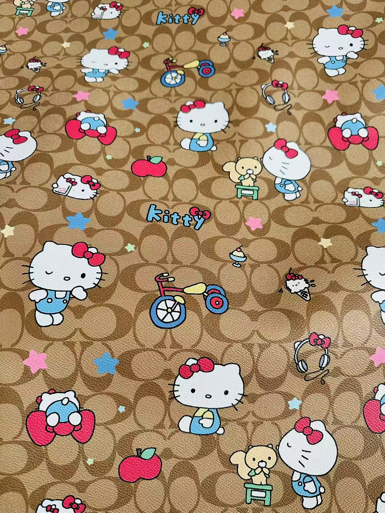 Fashion Hello Kitty With Coach Bicycle Design Leather Fabric For Handmade Handicraft By Yards