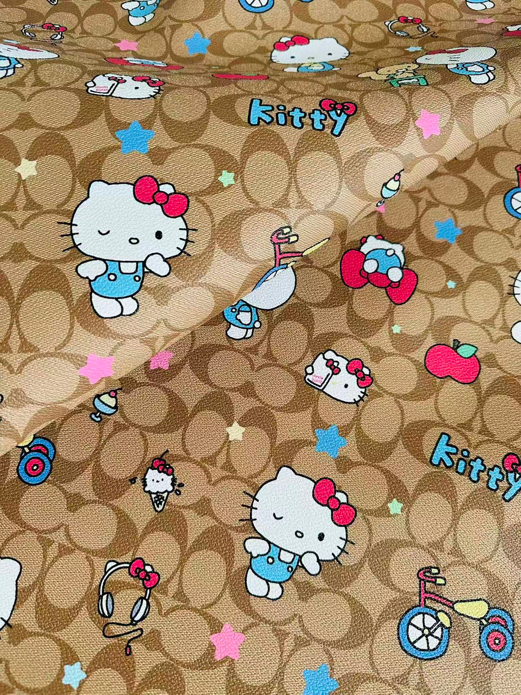 Fashion Hello Kitty With Coach Bicycle Design Leather Fabric For Handmade Handicraft By Yards