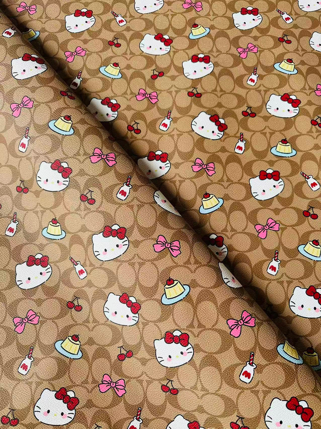 Fashion Hello Kitty With Coach Cake Design Leather Fabric For Handmade Handicraft By Yards