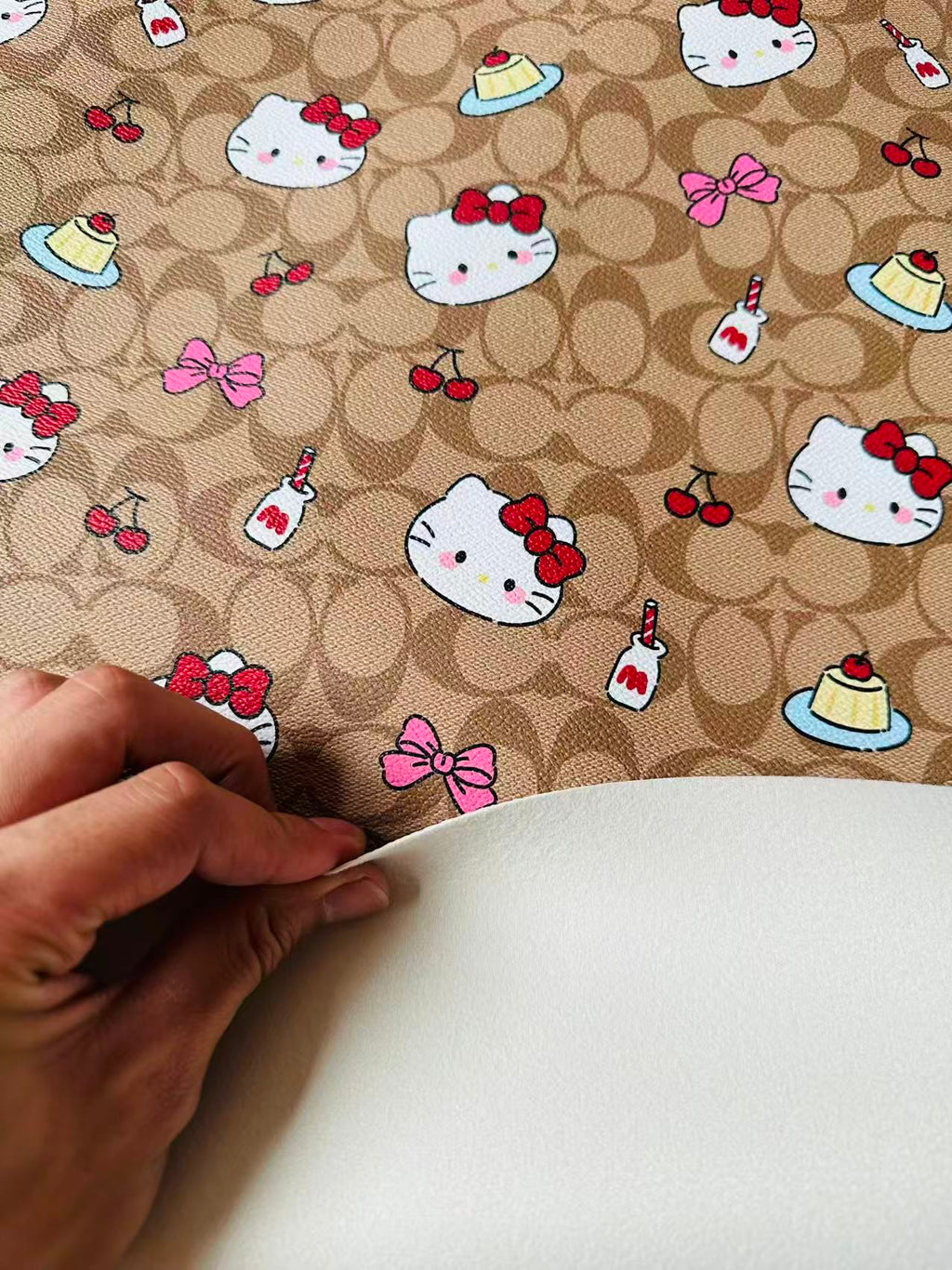 Fashion Hello Kitty With Coach Cake Design Leather Fabric For Handmade Handicraft By Yards