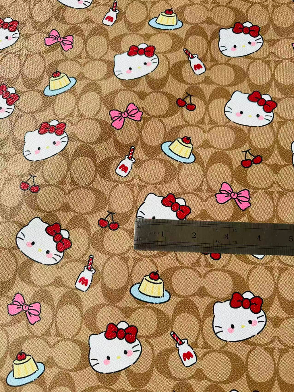 Fashion Hello Kitty With Coach Cake Design Leather Fabric For Handmade Handicraft By Yards
