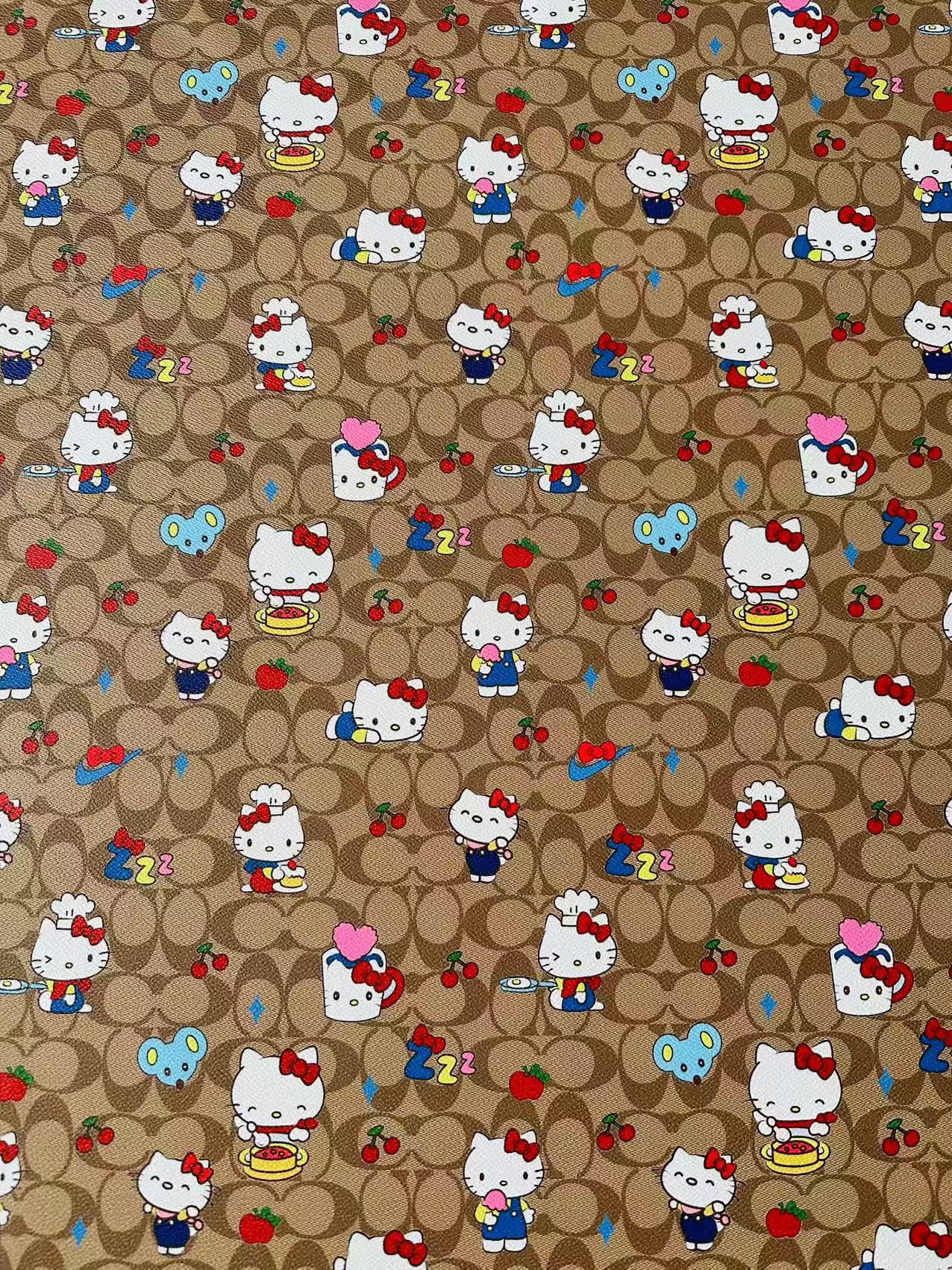 Fashion Hello Kitty With Coach Cup Design Leather Fabric For Handmade Handicraft By Yards