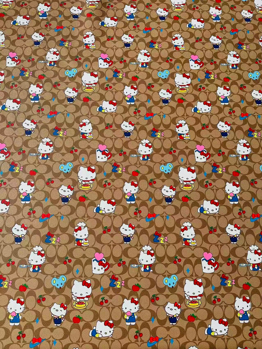 Fashion Hello Kitty With Coach Cup Design Leather Fabric For Handmade Handicraft By Yards