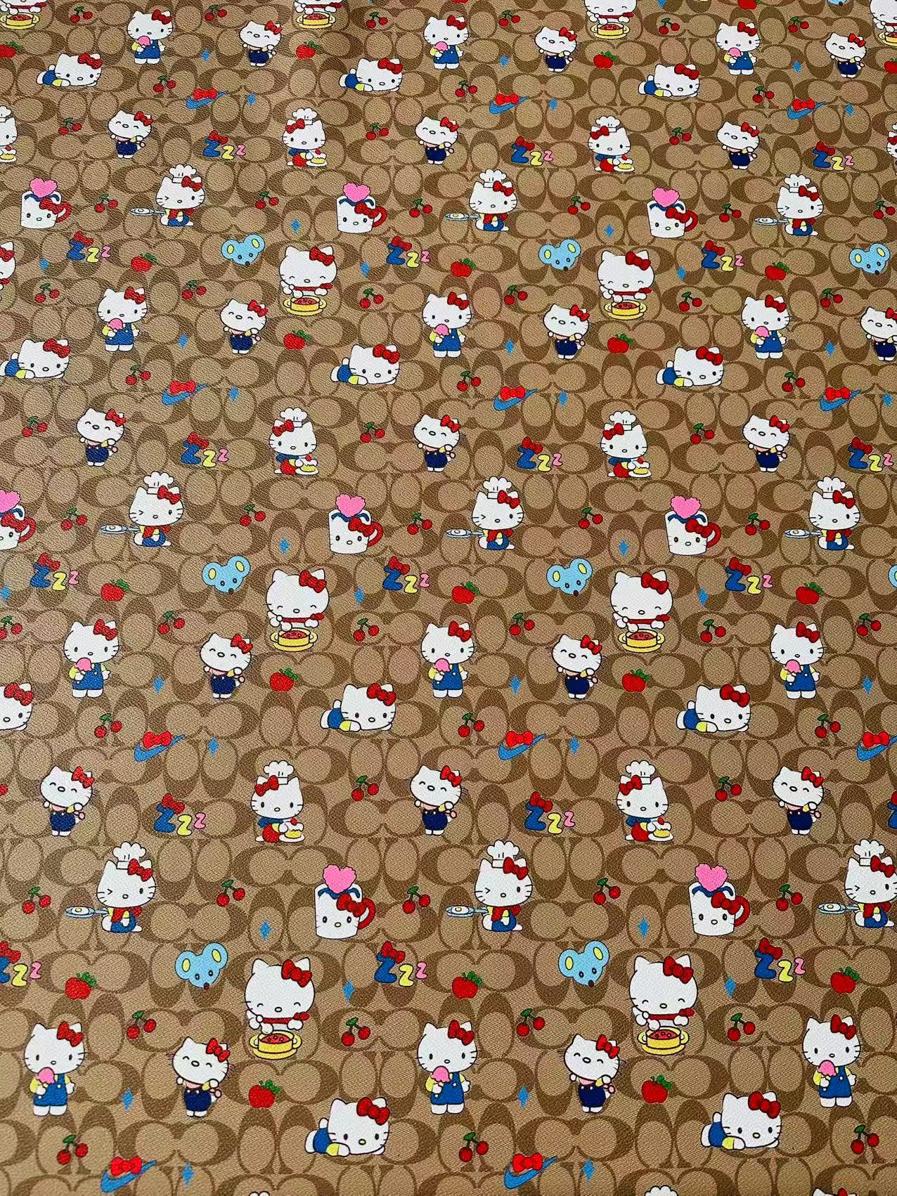 Fashion Hello Kitty With Coach Cup Design Leather Fabric For Handmade Handicraft By Yards