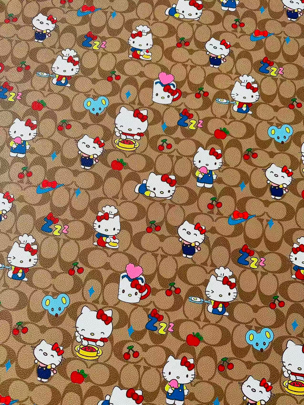 Fashion Hello Kitty With Coach Cup Design Leather Fabric For Handmade Handicraft By Yards