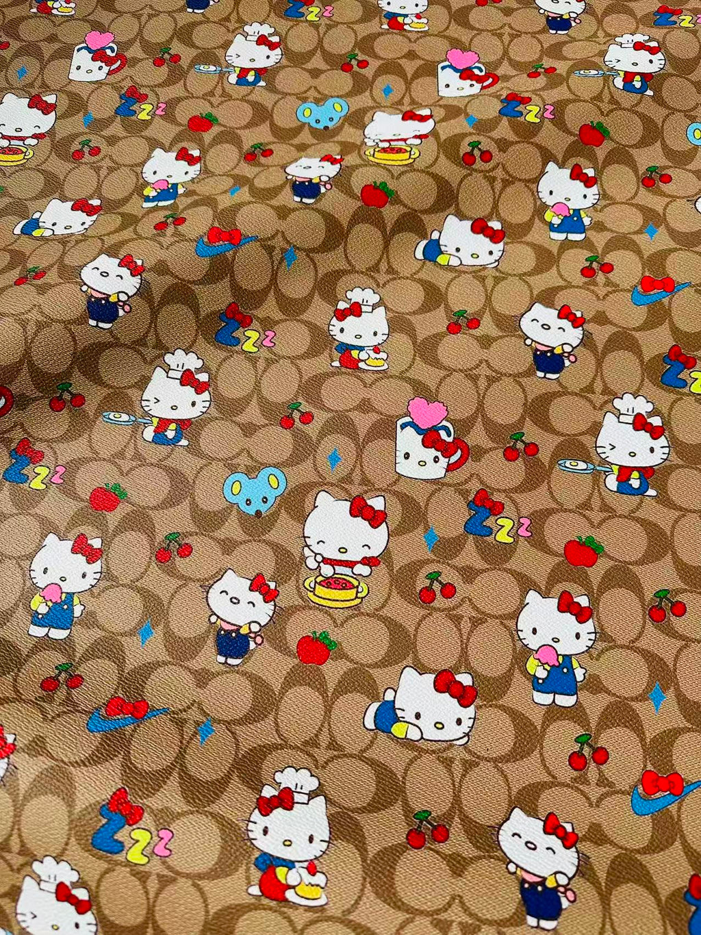 Fashion Hello Kitty With Coach Cup Design Leather Fabric For Handmade Handicraft By Yards