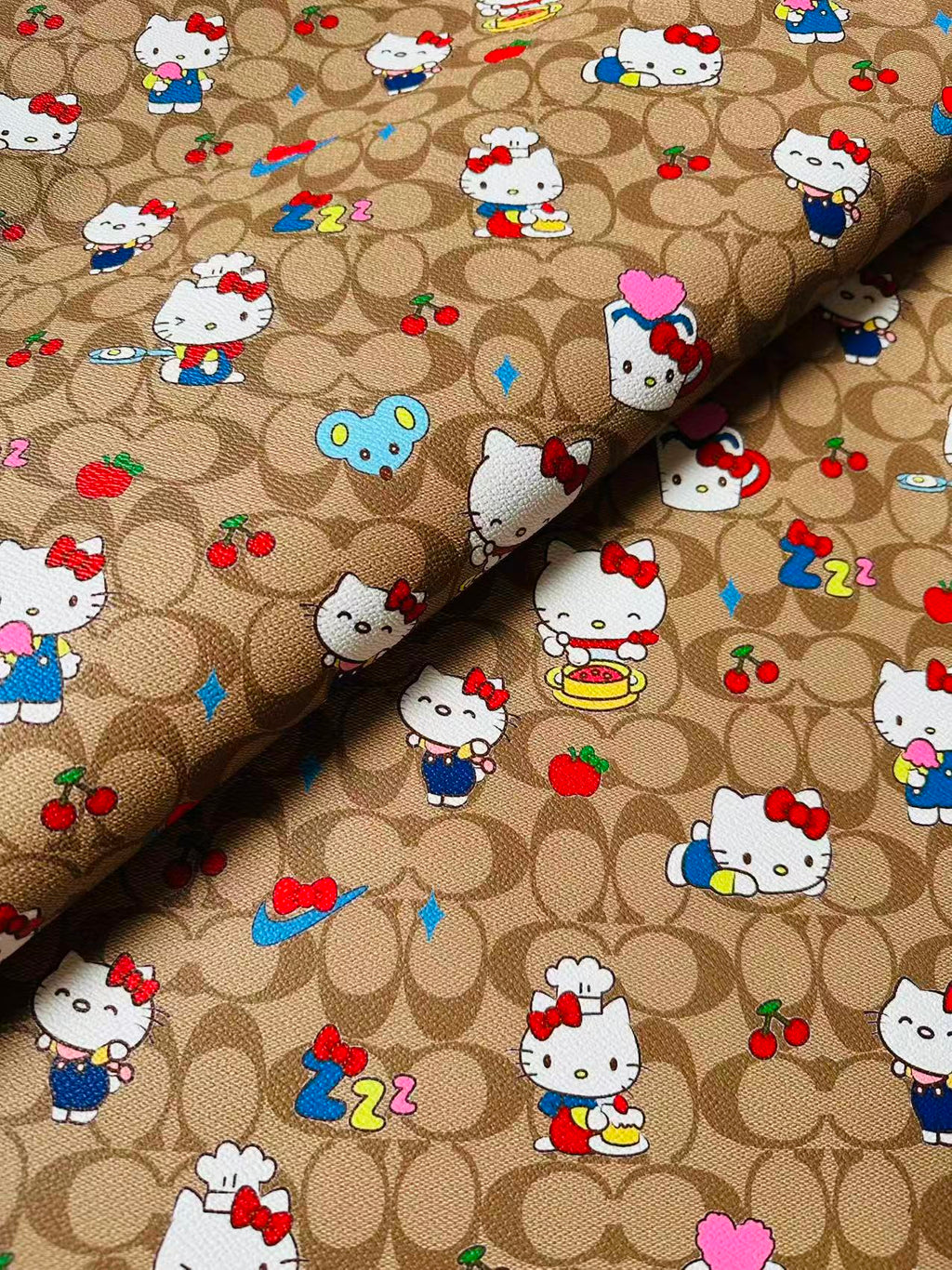 Fashion Hello Kitty With Coach Cup Design Leather Fabric For Handmade Handicraft By Yards
