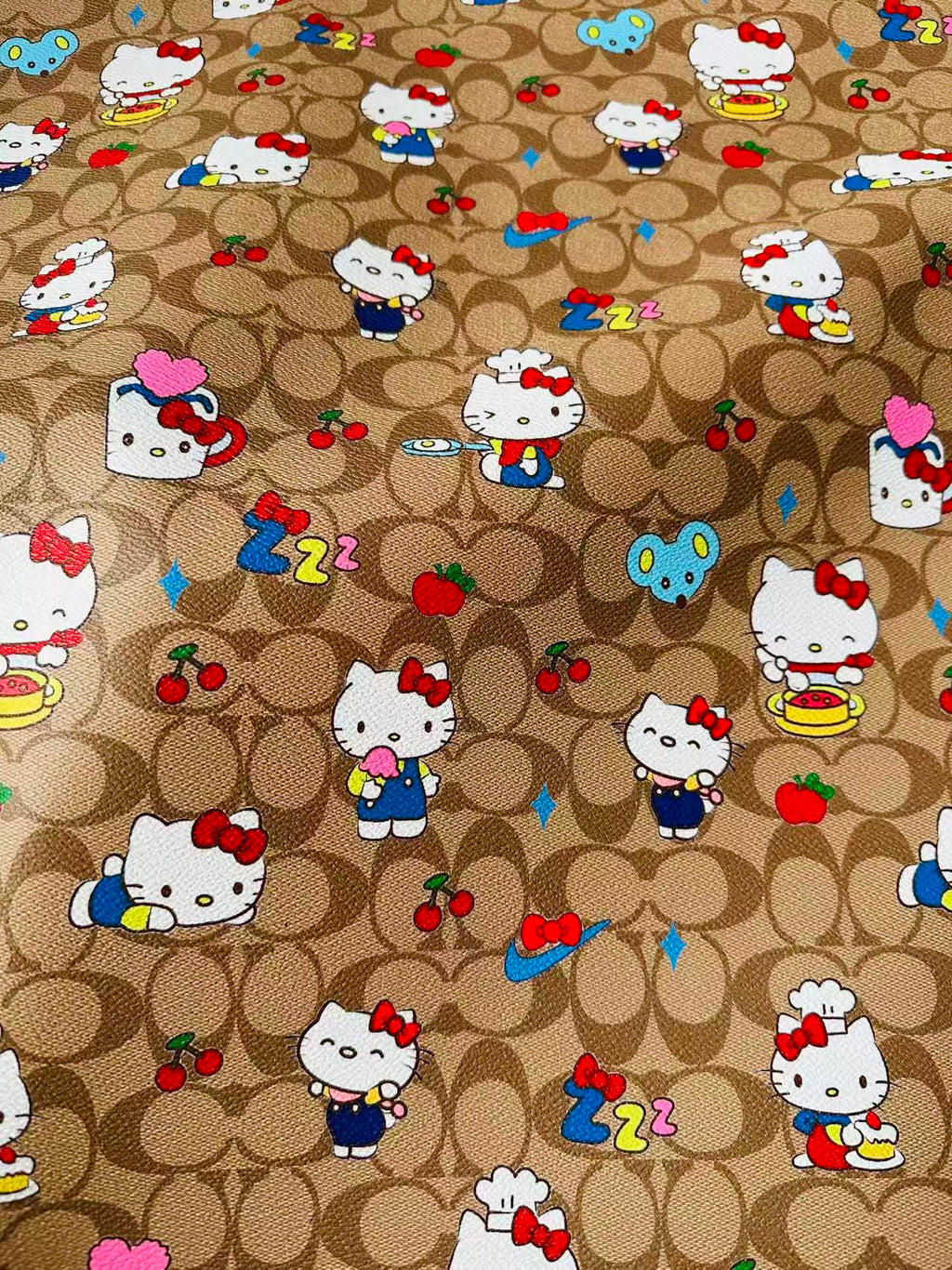 Fashion Hello Kitty With Coach Cup Design Leather Fabric For Handmade Handicraft By Yards