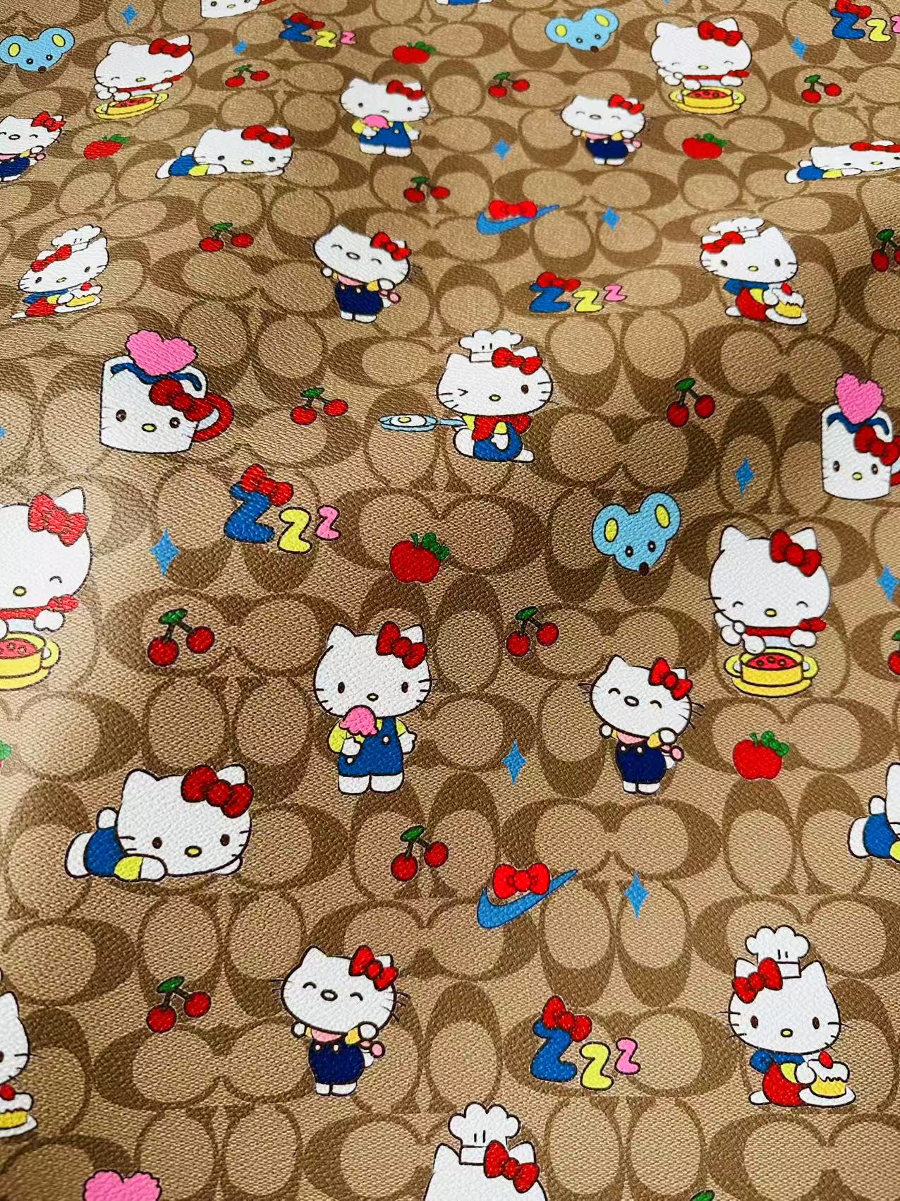 Fashion Hello Kitty With Coach Cup Design Leather Fabric For Handmade Handicraft By Yards