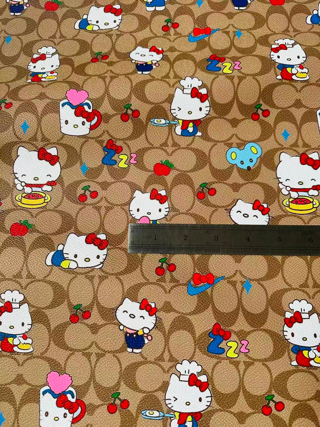 Fashion Hello Kitty With Coach Cup Design Leather Fabric For Handmade Handicraft By Yards
