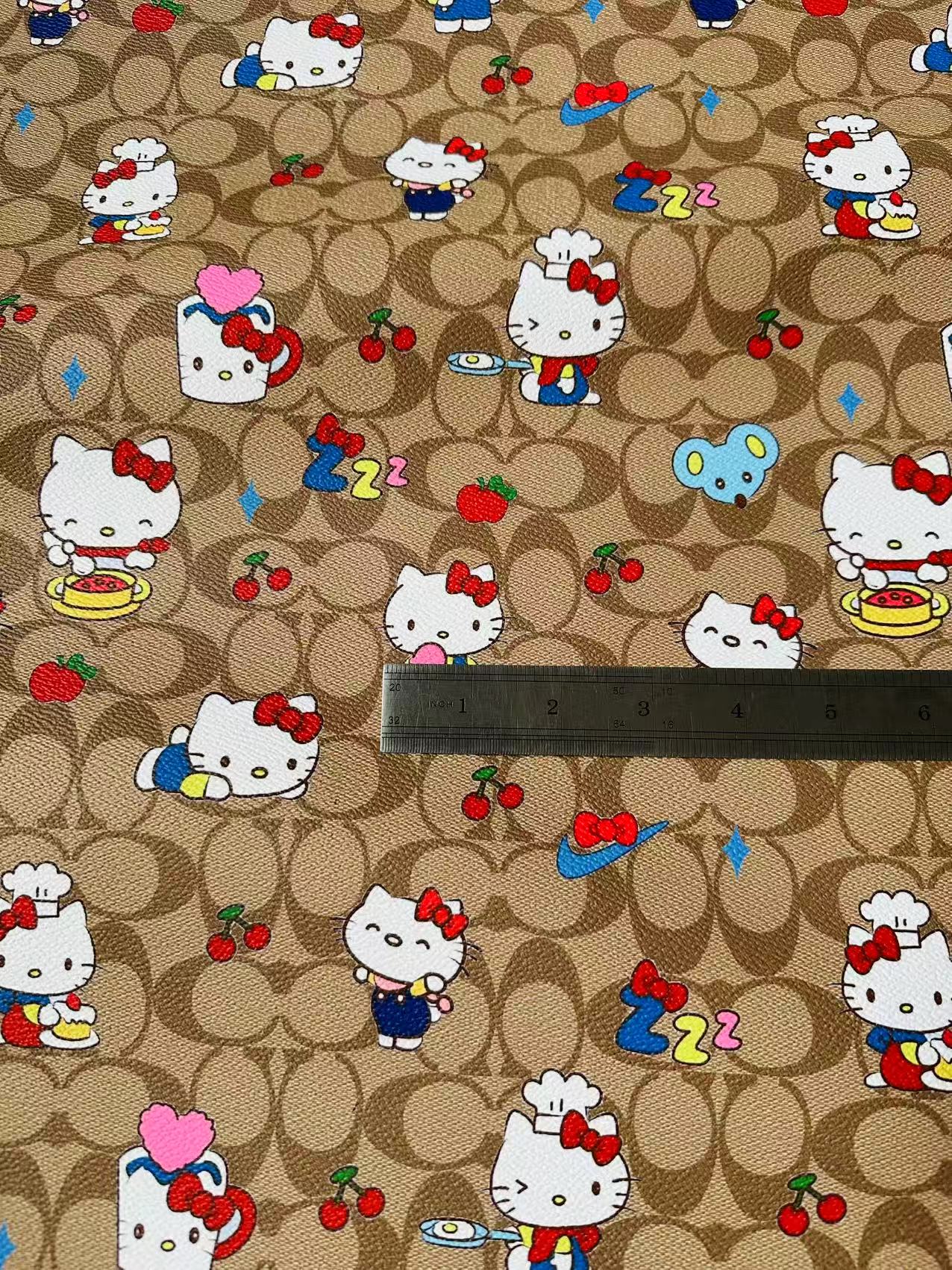 Fashion Hello Kitty With Coach Cup Design Leather Fabric For Handmade Handicraft By Yards